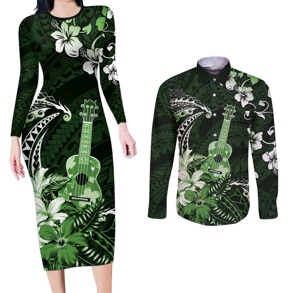 Hawaii Ukulele Couples Matching Long Sleeve Bodycon Dress and Long Sleeve Button Shirt Polynesian Pattern Mix Hibiscus Green Version LT05