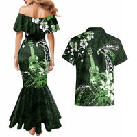 Hawaii Ukulele Couples Matching Mermaid Dress and Hawaiian Shirt Polynesian Pattern Mix Hibiscus Green Version LT05