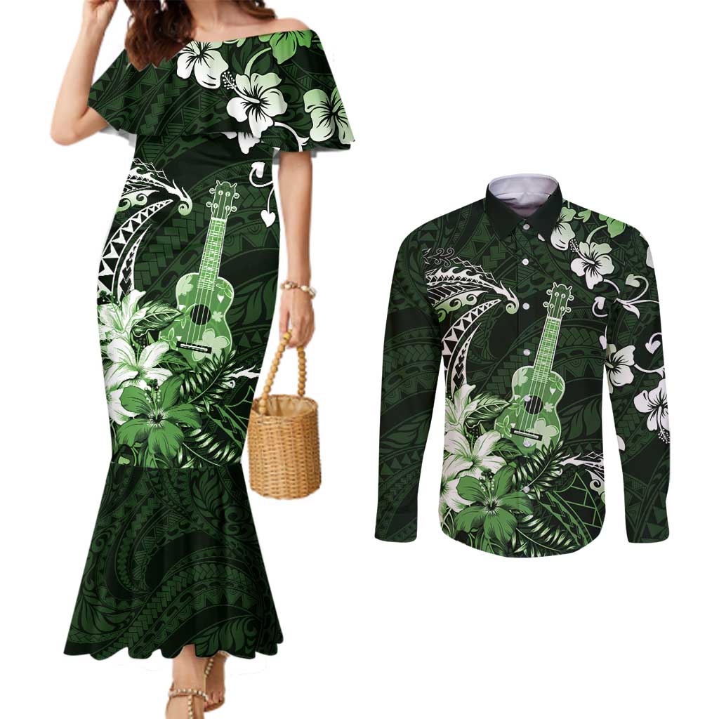 Hawaii Ukulele Couples Matching Mermaid Dress and Long Sleeve Button Shirt Polynesian Pattern Mix Hibiscus Green Version LT05