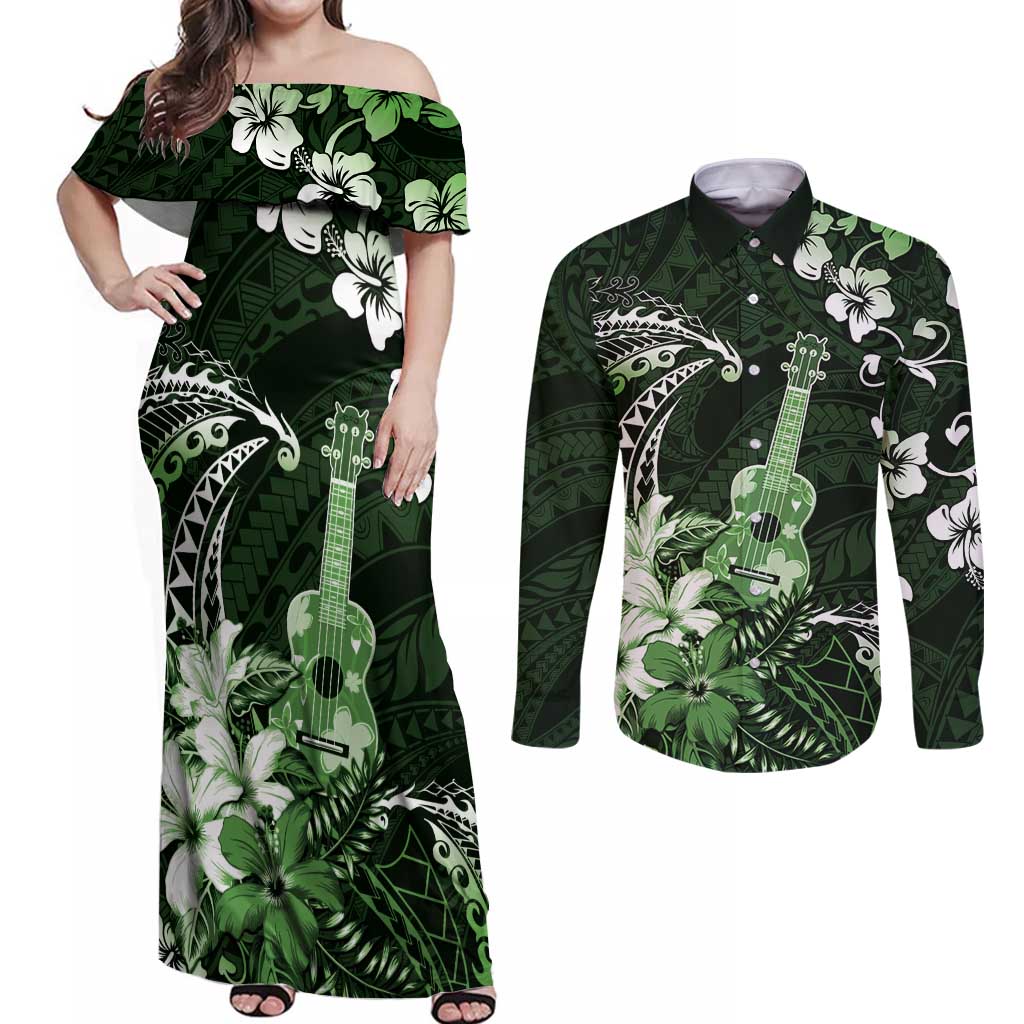 Hawaii Ukulele Couples Matching Off Shoulder Maxi Dress and Long Sleeve Button Shirt Polynesian Pattern Mix Hibiscus Green Version LT05