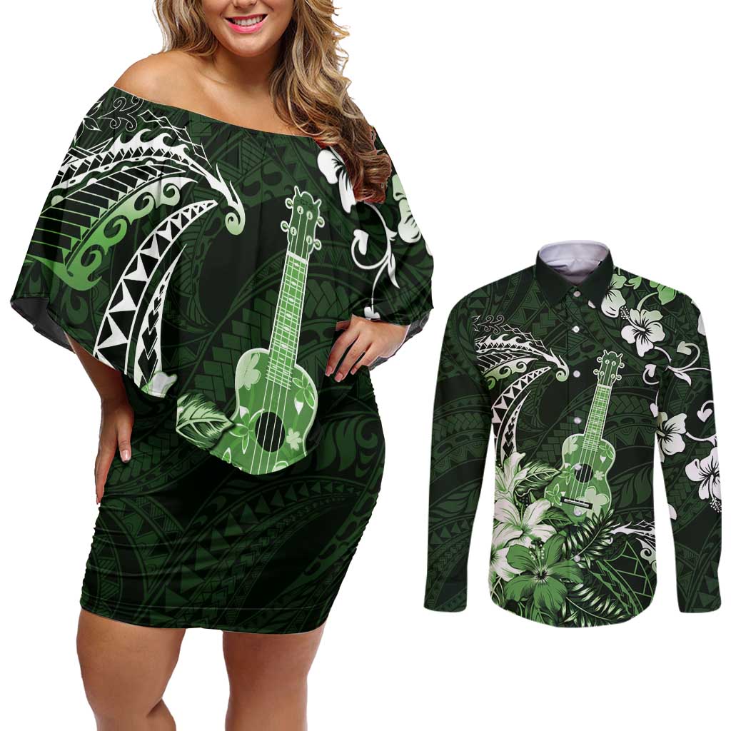 Hawaii Ukulele Couples Matching Off Shoulder Short Dress and Long Sleeve Button Shirt Polynesian Pattern Mix Hibiscus Green Version LT05