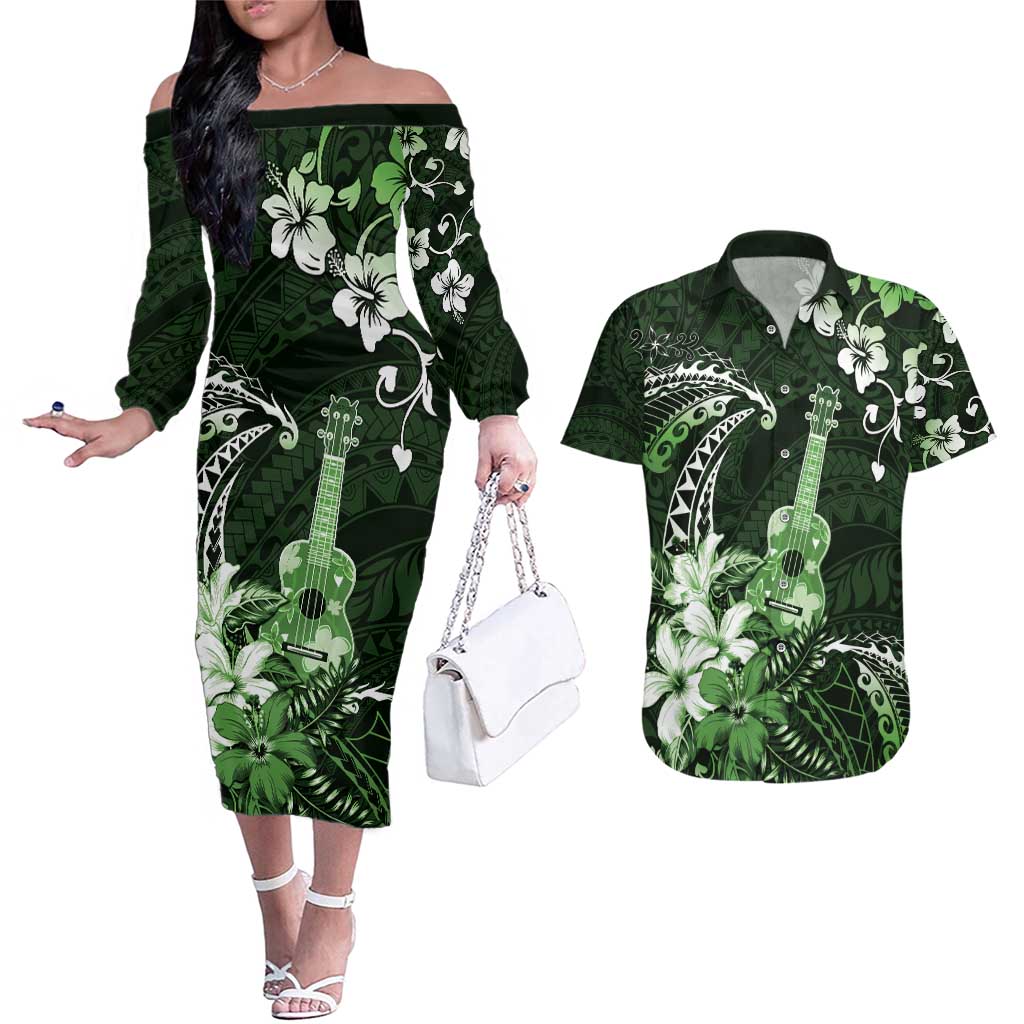 Hawaii Ukulele Couples Matching Off The Shoulder Long Sleeve Dress and Hawaiian Shirt Polynesian Pattern Mix Hibiscus Green Version LT05
