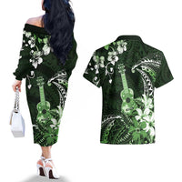 Hawaii Ukulele Couples Matching Off The Shoulder Long Sleeve Dress and Hawaiian Shirt Polynesian Pattern Mix Hibiscus Green Version LT05