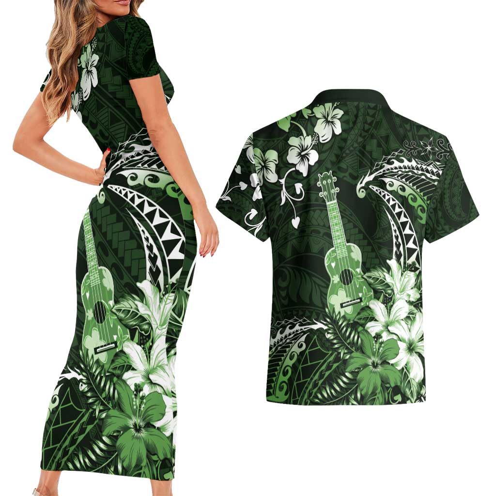 Hawaii Ukulele Couples Matching Short Sleeve Bodycon Dress and Hawaiian Shirt Polynesian Pattern Mix Hibiscus Green Version LT05