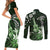 Hawaii Ukulele Couples Matching Short Sleeve Bodycon Dress and Long Sleeve Button Shirt Polynesian Pattern Mix Hibiscus Green Version LT05