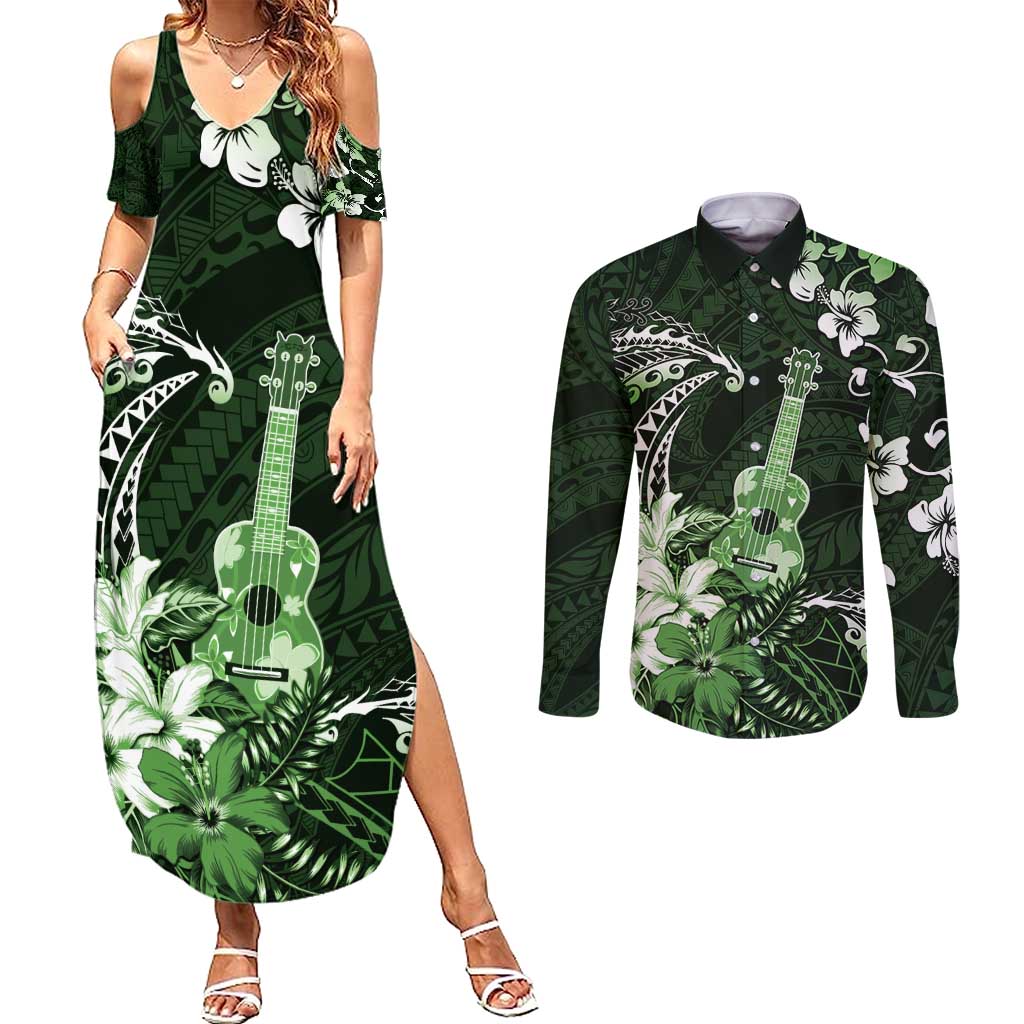 Hawaii Ukulele Couples Matching Summer Maxi Dress and Long Sleeve Button Shirt Polynesian Pattern Mix Hibiscus Green Version LT05