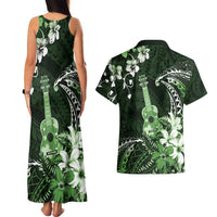 Hawaii Ukulele Couples Matching Tank Maxi Dress and Hawaiian Shirt Polynesian Pattern Mix Hibiscus Green Version LT05