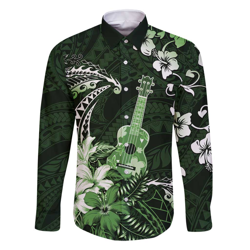 Hawaii Ukulele Family Matching Long Sleeve Bodycon Dress and Hawaiian Shirt Polynesian Pattern Mix Hibiscus Green Version LT05