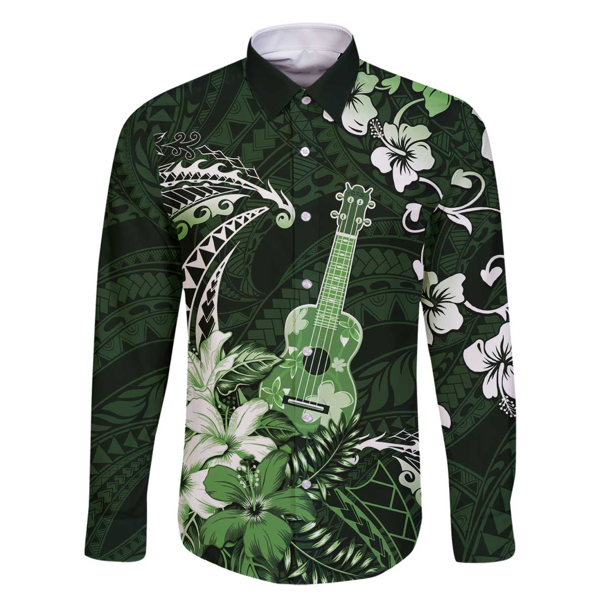 Hawaii Ukulele Family Matching Off The Shoulder Long Sleeve Dress and Hawaiian Shirt Polynesian Pattern Mix Hibiscus Green Version LT05