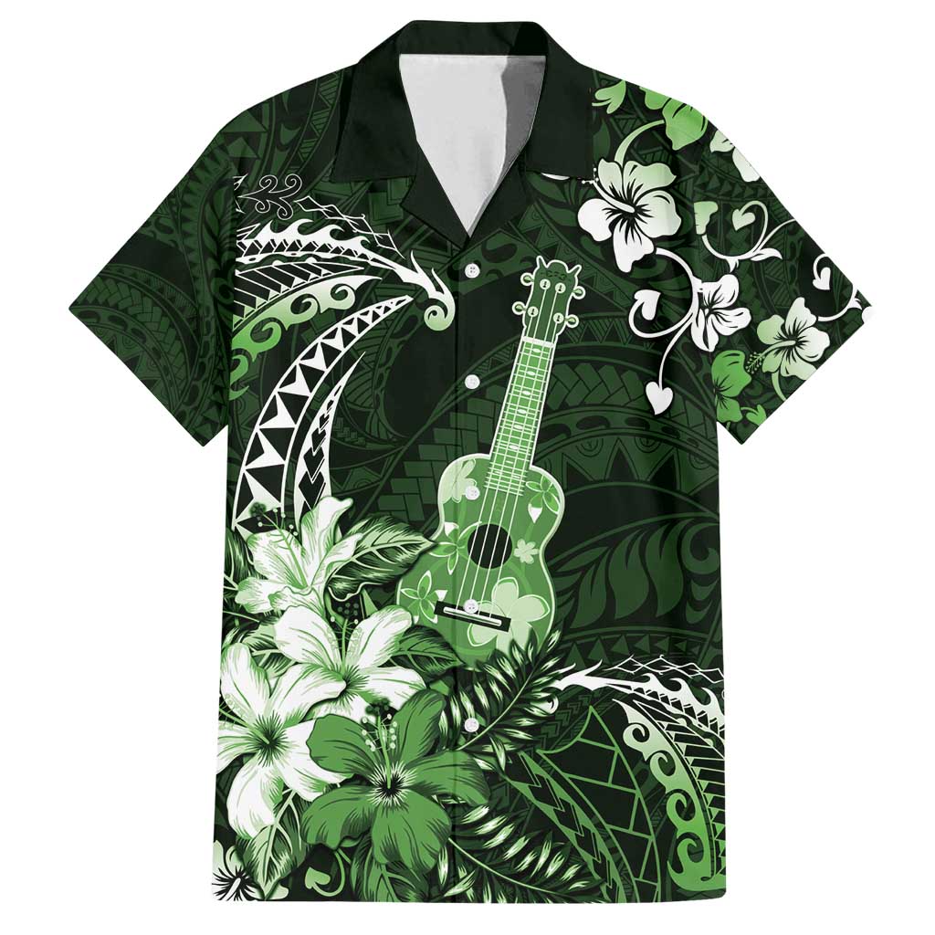Hawaii Ukulele Family Matching Puletasi and Hawaiian Shirt Polynesian Pattern Mix Hibiscus Green Version LT05