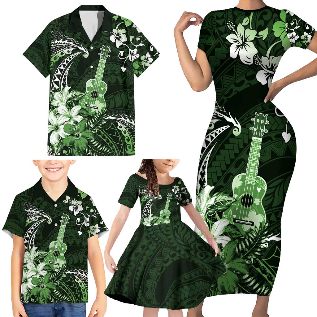 Hawaii Ukulele Family Matching Short Sleeve Bodycon Dress and Hawaiian Shirt Polynesian Pattern Mix Hibiscus Green Version LT05