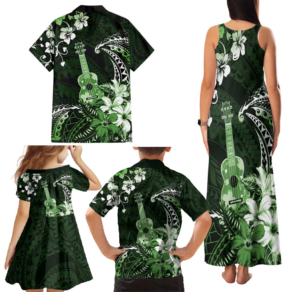 Hawaii Ukulele Family Matching Tank Maxi Dress and Hawaiian Shirt Polynesian Pattern Mix Hibiscus Green Version LT05