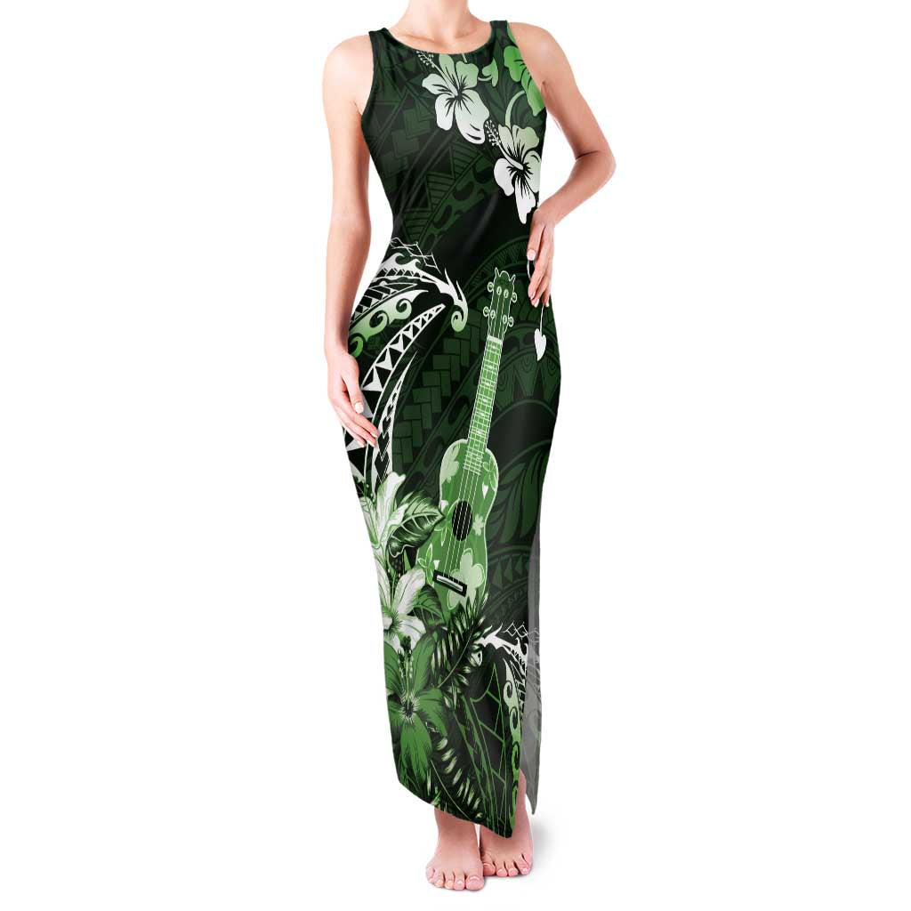 Hawaii Ukulele Family Matching Tank Maxi Dress and Hawaiian Shirt Polynesian Pattern Mix Hibiscus Green Version LT05