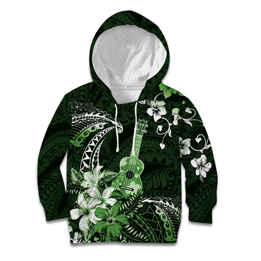 Hawaii Ukulele Kid Hoodie Polynesian Pattern Mix Hibiscus Green Version LT05