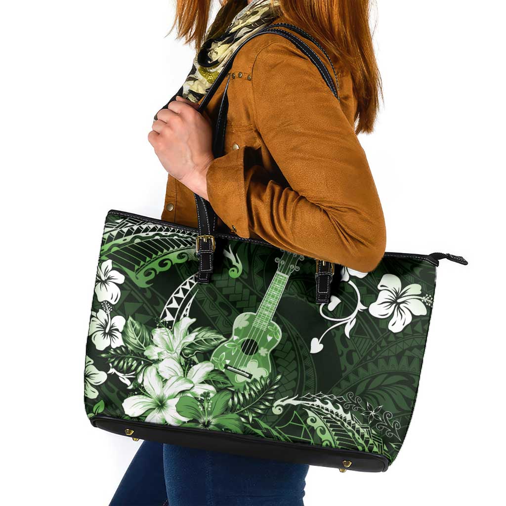 Hawaii Ukulele Leather Tote Bag Polynesian Pattern Mix Hibiscus Green Version