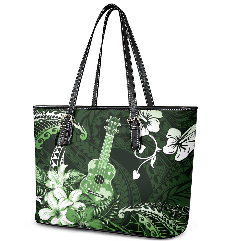 Hawaii Ukulele Leather Tote Bag Polynesian Pattern Mix Hibiscus Green Version