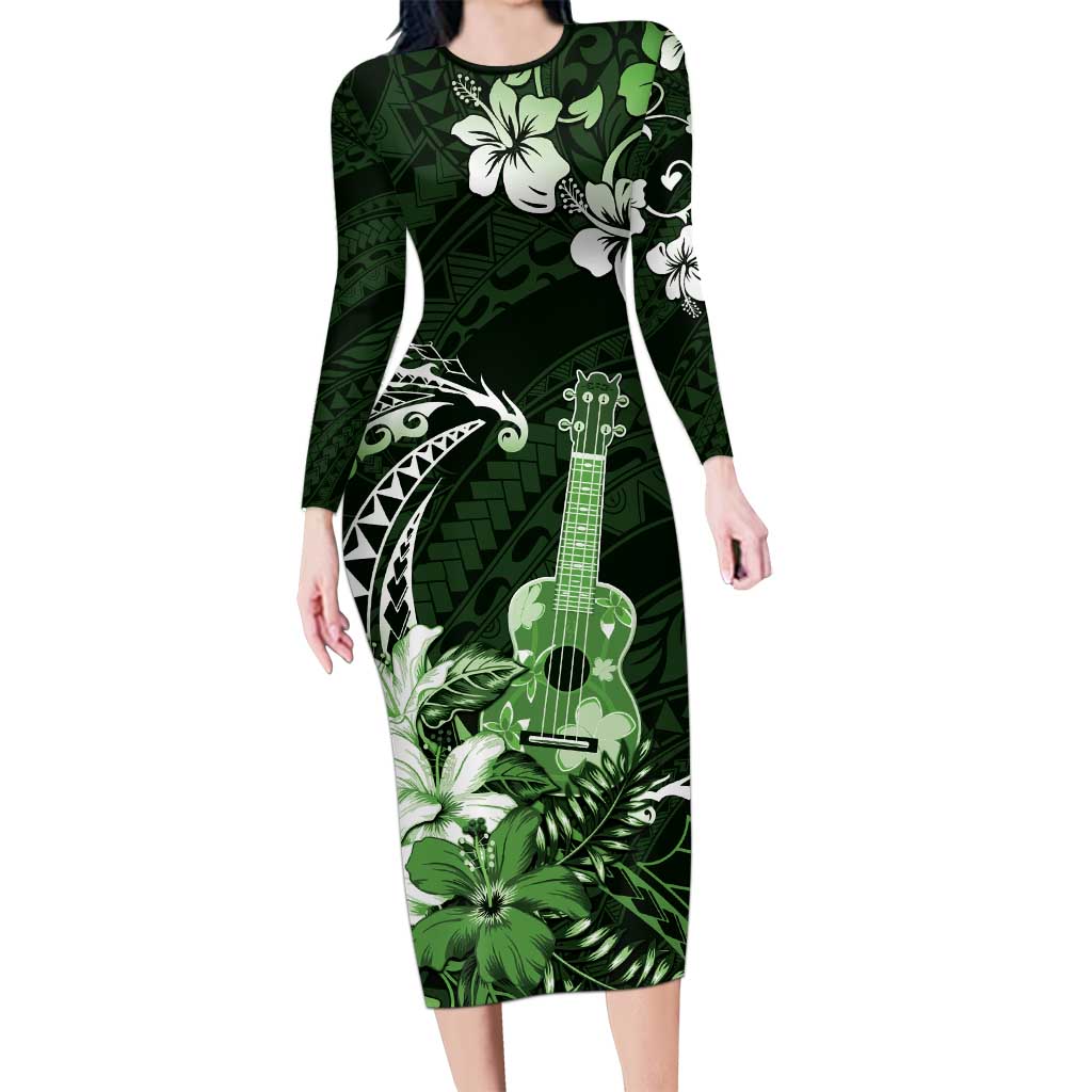 Hawaii Ukulele Long Sleeve Bodycon Dress Polynesian Pattern Mix Hibiscus Green Version LT05