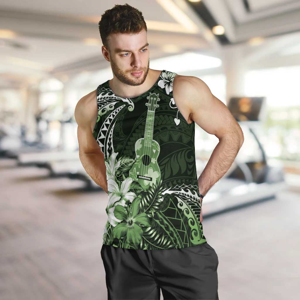 Hawaii Ukulele Men Tank Top Polynesian Pattern Mix Hibiscus Green Version LT05