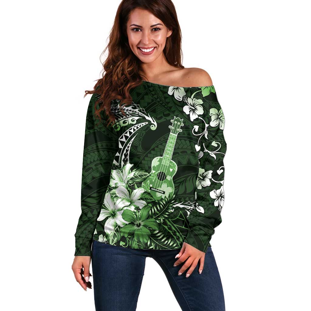 Hawaii Ukulele Off Shoulder Sweater Polynesian Pattern Mix Hibiscus Green Version LT05