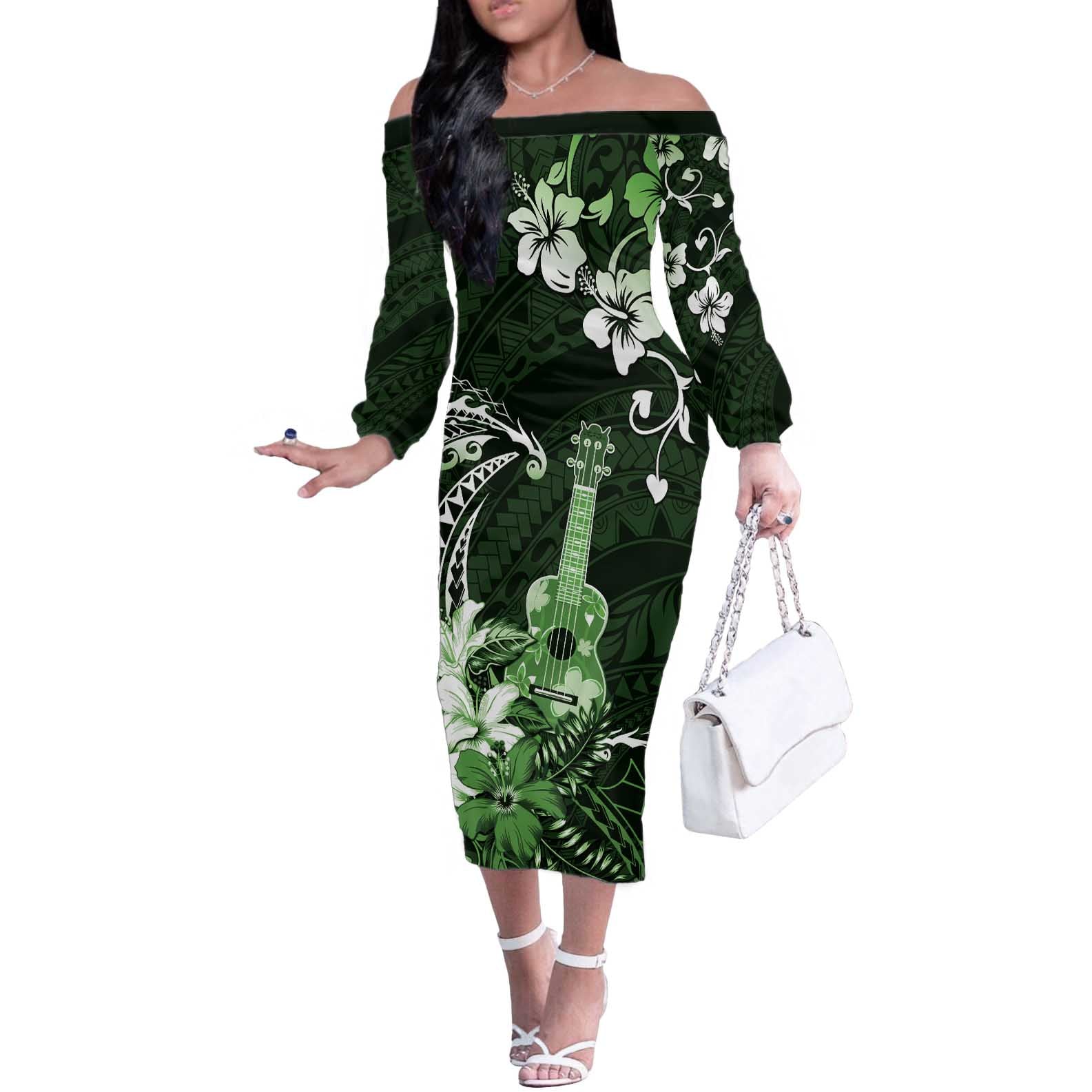 Hawaii Ukulele Off The Shoulder Long Sleeve Dress Polynesian Pattern Mix Hibiscus Green Version LT05