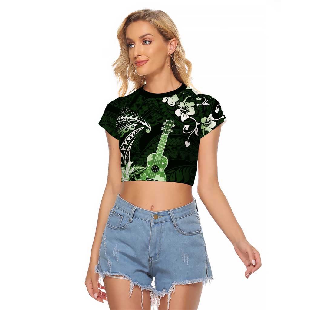 Hawaii Ukulele Raglan Cropped T Shirt Polynesian Pattern Mix Hibiscus Green Version LT05