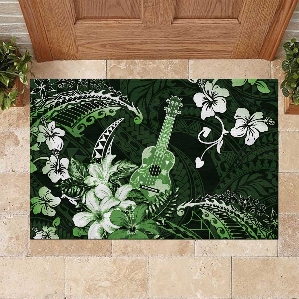 Hawaii Ukulele Rubber Doormat Polynesian Pattern Mix Hibiscus Green Version