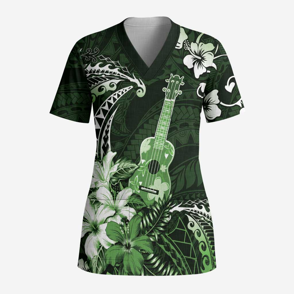 Hawaii Ukulele Scrub Top Polynesian Pattern Mix Hibiscus Green Version - Polynesian Pride