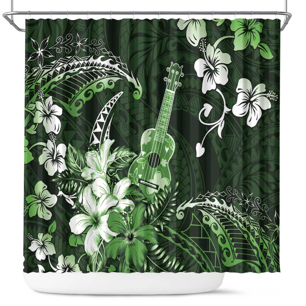 Hawaii Ukulele Shower Curtain Polynesian Pattern Mix Hibiscus Green Version