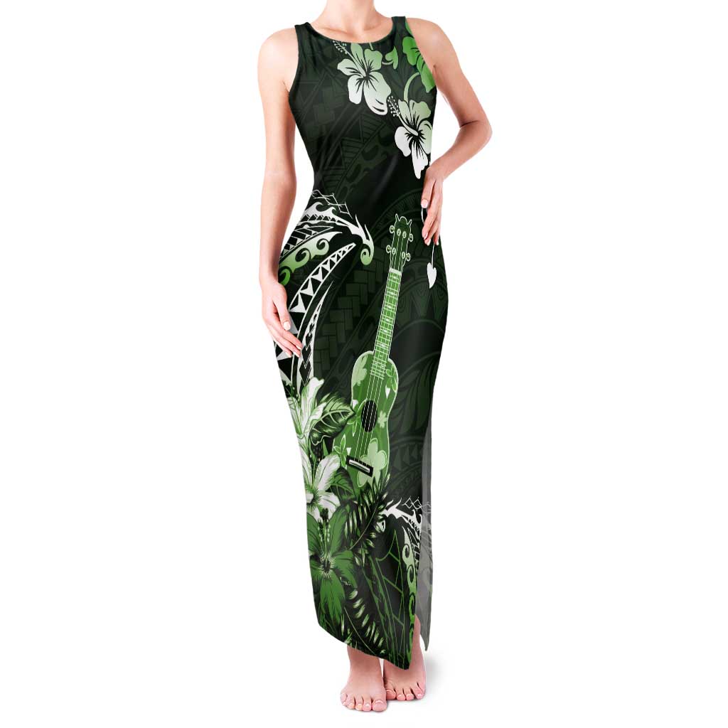 Hawaii Ukulele Tank Maxi Dress Polynesian Pattern Mix Hibiscus Green Version LT05