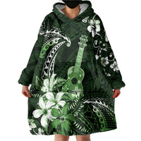Hawaii Ukulele Wearable Blanket Hoodie Polynesian Pattern Mix Hibiscus Green Version LT05