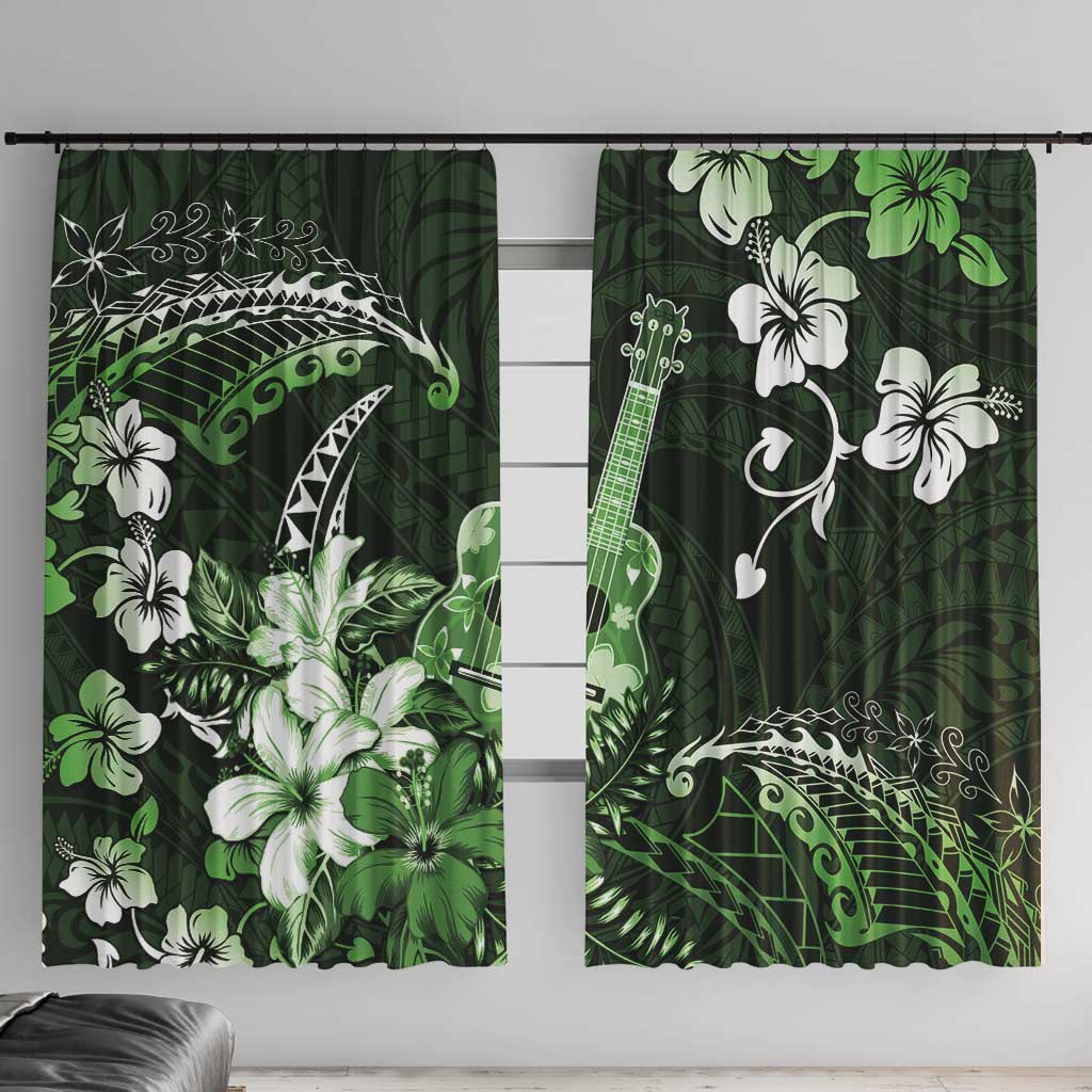 Hawaii Ukulele Window Curtain Polynesian Pattern Mix Hibiscus Green Version