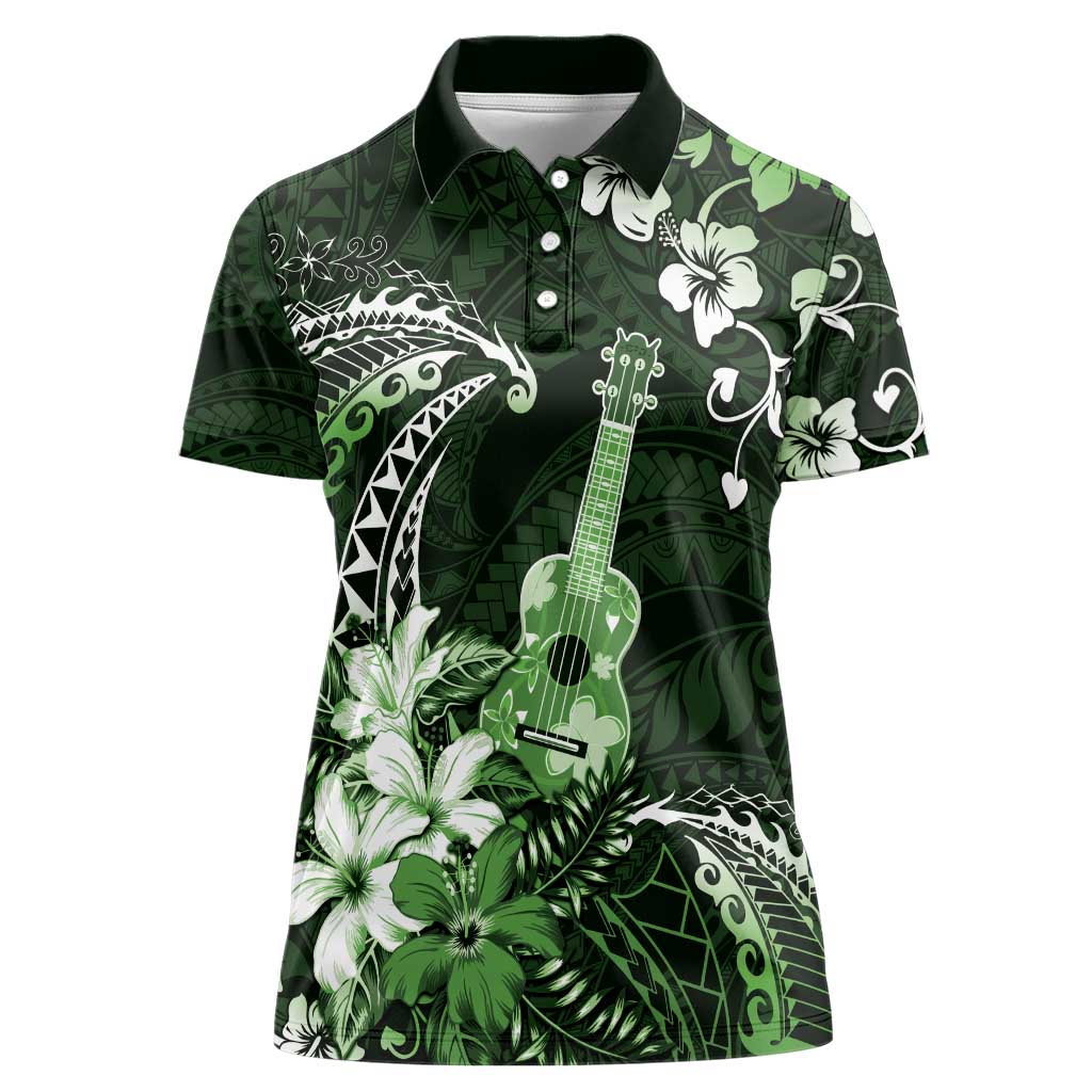 Hawaii Ukulele Women Polo Shirt Polynesian Pattern Mix Hibiscus Green Version LT05