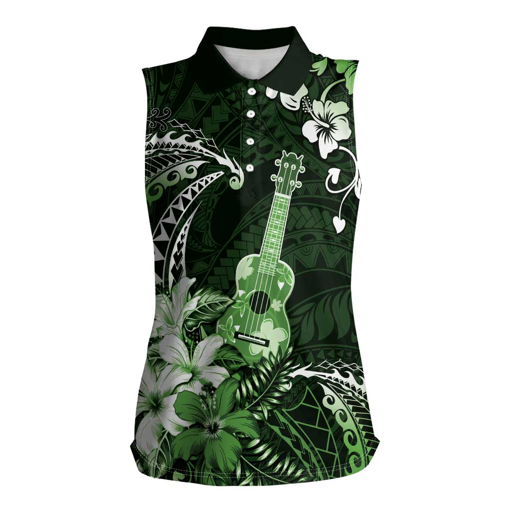 Hawaii Ukulele Women Sleeveless Polo Shirt Polynesian Pattern Mix Hibiscus Green Version LT05