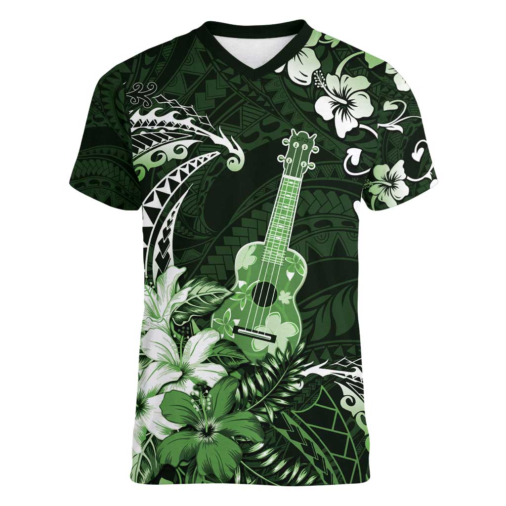 Hawaii Ukulele Women V-Neck T-Shirt Polynesian Pattern Mix Hibiscus Green Version LT05