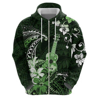 Hawaii Ukulele Zip Hoodie Polynesian Pattern Mix Hibiscus Green Version LT05