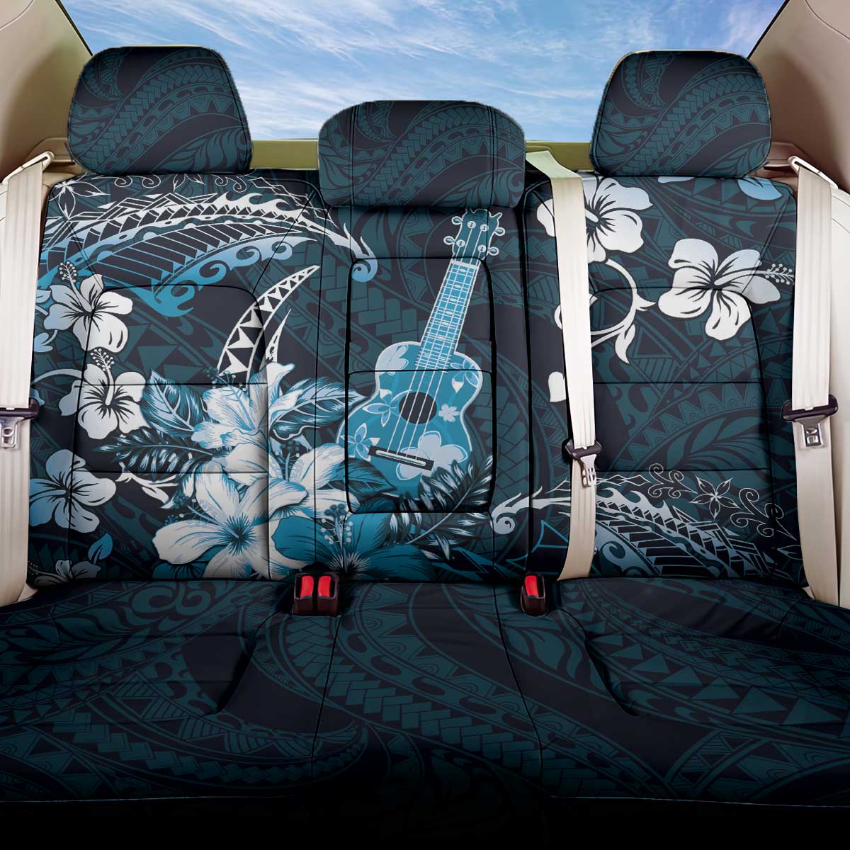 Hawaii Ukulele Back Car Seat Cover Polynesian Pattern Mix Hibiscus Blue Version