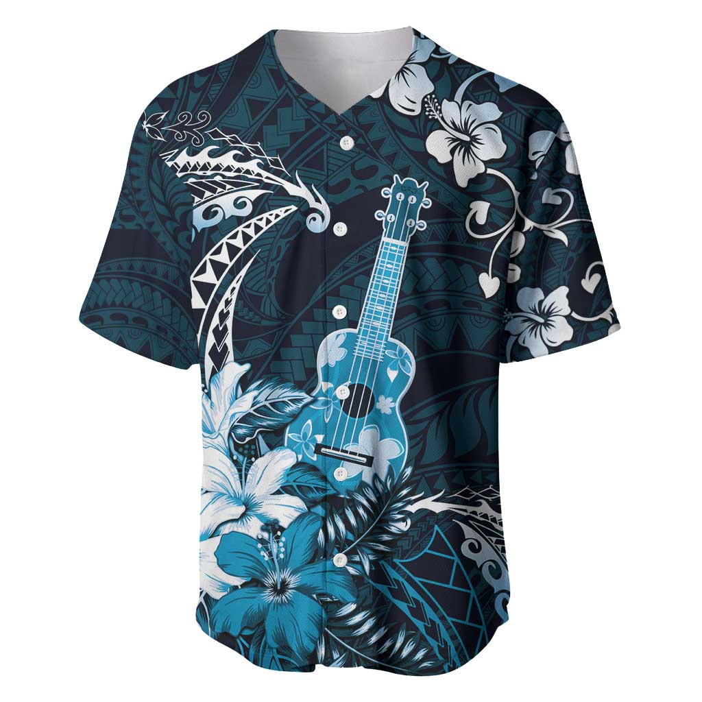 Hawaii Ukulele Baseball Jersey Polynesian Pattern Mix Hibiscus Blue Version LT05