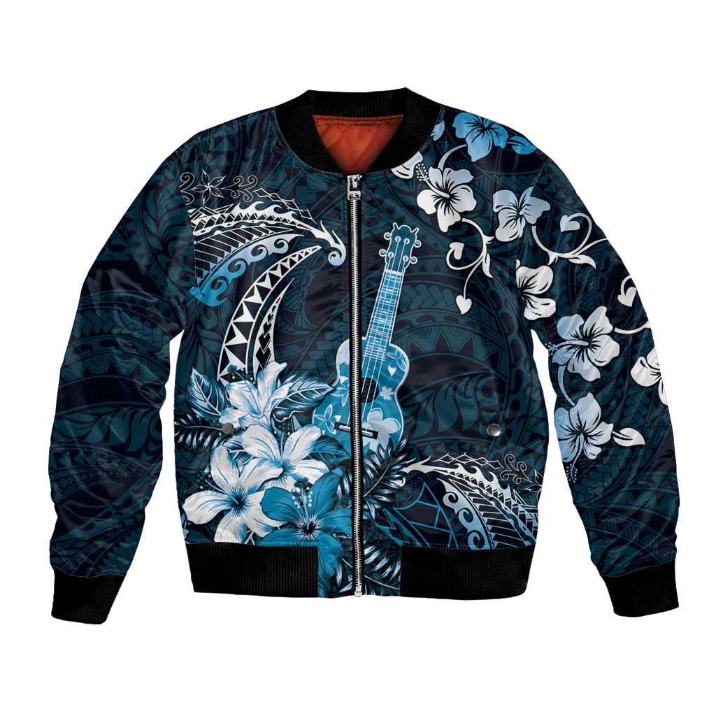 Hawaii Ukulele Bomber Jacket Polynesian Pattern Mix Hibiscus Blue Version LT05