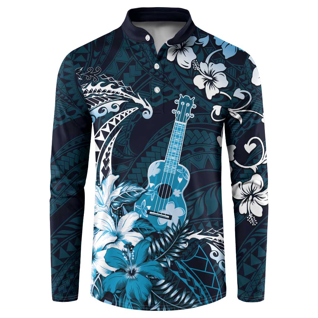 Hawaii Ukulele Button Sweatshirt Polynesian Pattern Mix Hibiscus Blue Version LT05