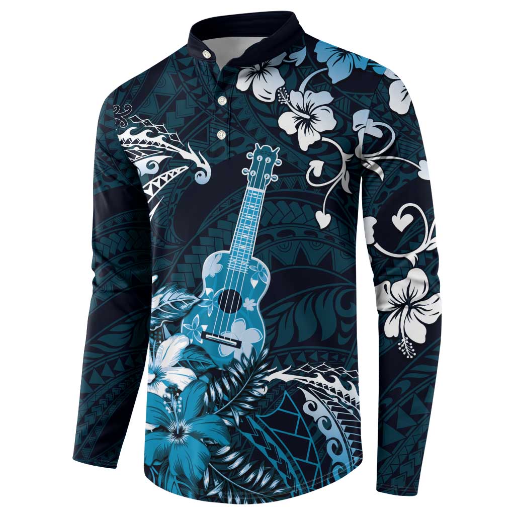 Hawaii Ukulele Button Sweatshirt Polynesian Pattern Mix Hibiscus Blue Version LT05