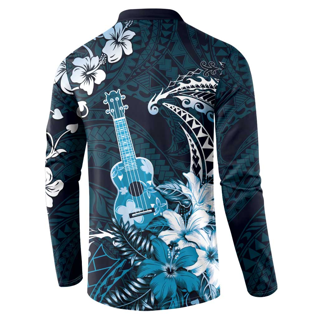 Hawaii Ukulele Button Sweatshirt Polynesian Pattern Mix Hibiscus Blue Version LT05