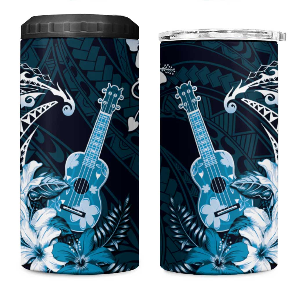 Hawaii Ukulele 4 in 1 Can Cooler Tumbler Polynesian Pattern Mix Hibiscus Blue Version