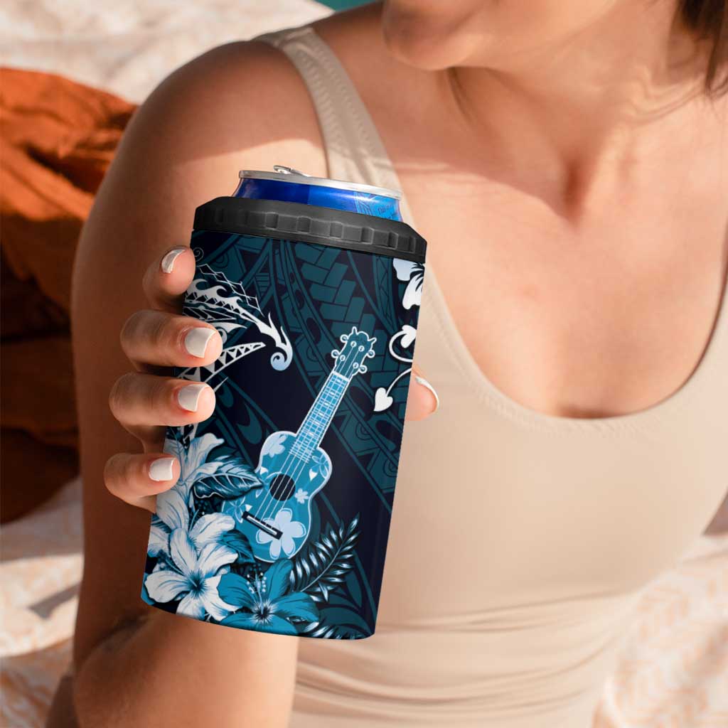 Hawaii Ukulele 4 in 1 Can Cooler Tumbler Polynesian Pattern Mix Hibiscus Blue Version