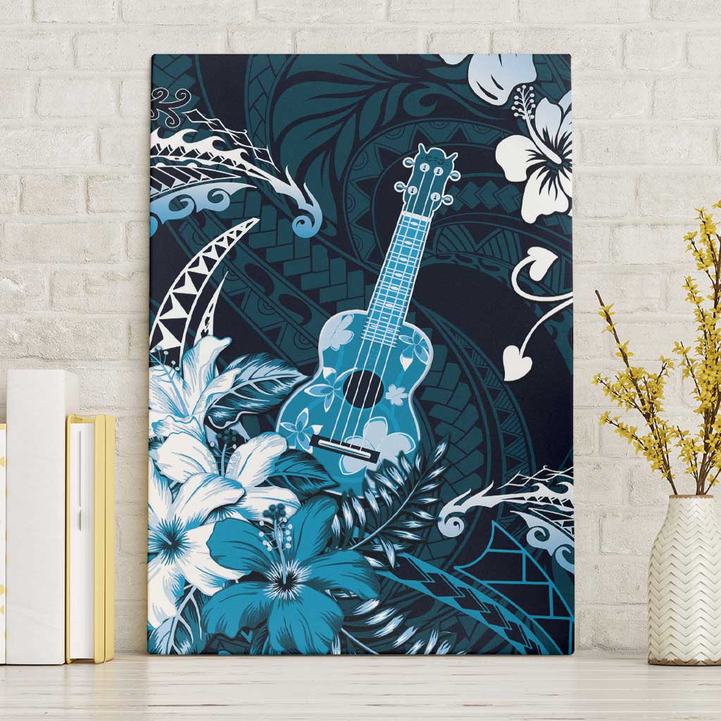 Hawaii Ukulele Canvas Wall Art Polynesian Pattern Mix Hibiscus Blue Version