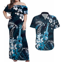 Hawaii Ukulele Couples Matching Off Shoulder Maxi Dress and Hawaiian Shirt Polynesian Pattern Mix Hibiscus Blue Version LT05