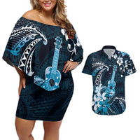 Hawaii Ukulele Couples Matching Off Shoulder Short Dress and Hawaiian Shirt Polynesian Pattern Mix Hibiscus Blue Version LT05