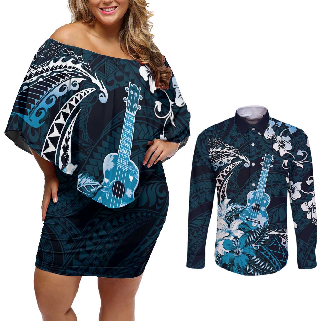 Hawaii Ukulele Couples Matching Off Shoulder Short Dress and Long Sleeve Button Shirt Polynesian Pattern Mix Hibiscus Blue Version LT05