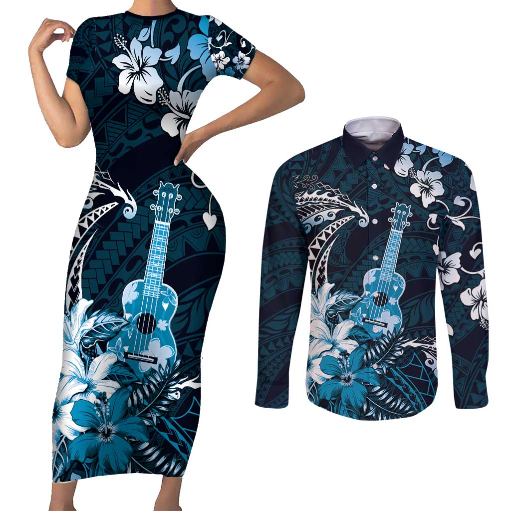 Hawaii Ukulele Couples Matching Short Sleeve Bodycon Dress and Long Sleeve Button Shirt Polynesian Pattern Mix Hibiscus Blue Version LT05