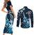 Hawaii Ukulele Couples Matching Short Sleeve Bodycon Dress and Long Sleeve Button Shirt Polynesian Pattern Mix Hibiscus Blue Version LT05