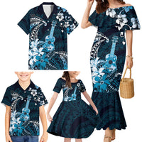 Hawaii Ukulele Family Matching Mermaid Dress and Hawaiian Shirt Polynesian Pattern Mix Hibiscus Blue Version LT05